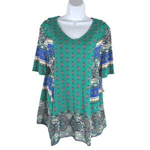 Chico's Hankerchief Hem Tee Top Size 2 Short Sleeve Knit Pattern NWT TP-3661